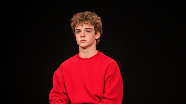 Studio portrait of a young boy wearing a red sweatshirt against a black background Minimalist composition emphasizing expression, simplicity, and contrast Concept for youth, fashion, and individuality photo