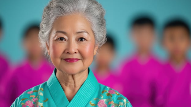 Elderly Asian Woman Demonstrating Martial Arts to Younger Students in Traditional Attire with Focus on Cultural Heritage, Self-Defense, and Discipline photo