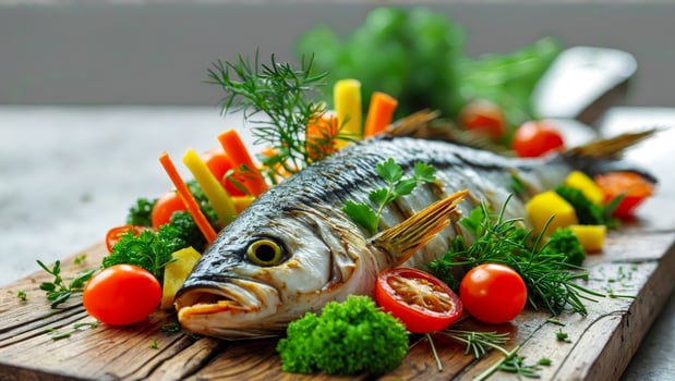 Fresh Grilled Fish with Colorful Vegetables and Herbs on Wooden Board photo
