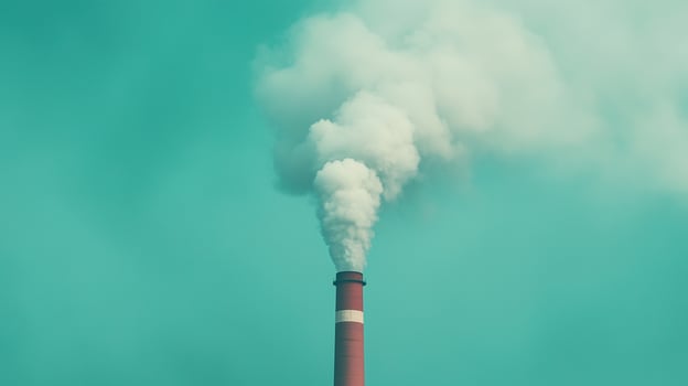 Industrial Power Plant Emitting Thick CO2 Smoke Against Turquoise Sky Highlighting Environmental Impact and Pollution Concerns with Clear Atmospheric Conditions and Dramatic Visual Contrast photo