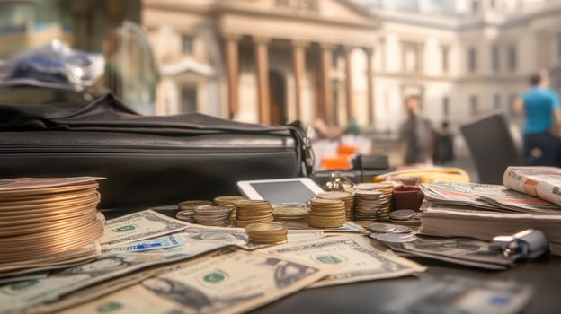 Close-Up of Various Currency Notes and Coins on a Table Surface photo