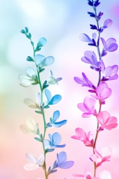 Whimsical spring meadow filled with wildflowers in soft pastel tones amidst a dreamy morning haze photo