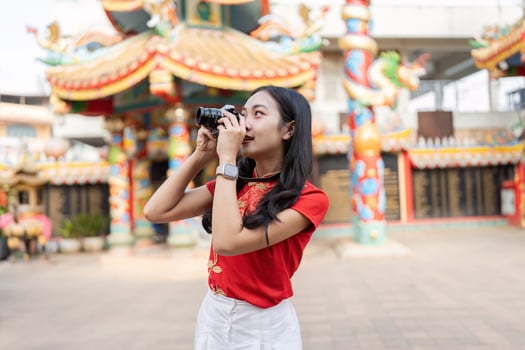 Celebrating chinese new year a tourist captures moments in a vibrant temple environment photo