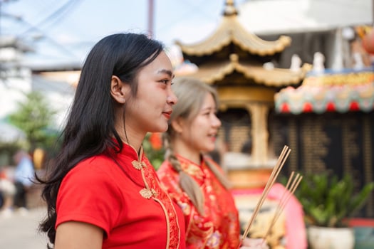 Chinese new year worship at shrine cultural celebration urban setting close-up view reverence and tradition photo