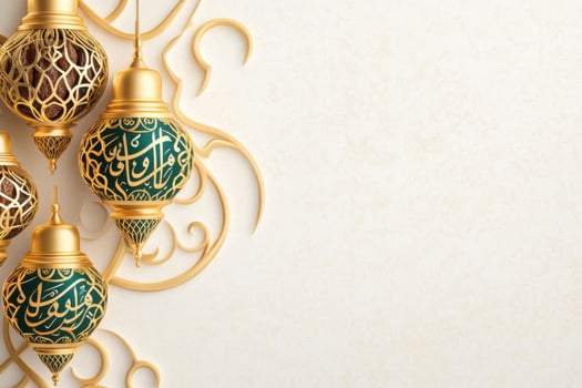 Modern Ramadan Kareem flat-lay featuring golden lanterns, dates, and ornate calligraphy over a textured white background photo