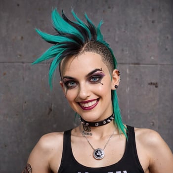 Young woman with turquoise mohawk and piercings smiling photo