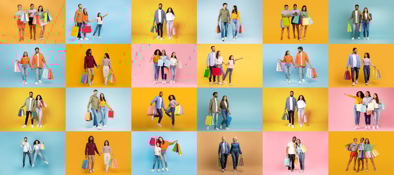 Groups of people participate in a fun shopping experience with bags in hand, celebrating sales and discounts. The vibrant backdrop showcases an exciting atmosphere of enthusiasm and variety. photo