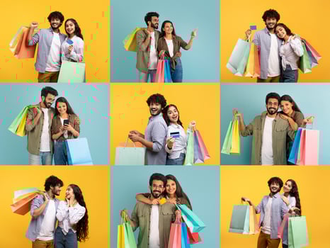 Two couples are happily engaged in shopping activities, showcasing colorful bags while celebrating special offers. The vibrant backgrounds enhance their joyful experience during the sale. photo