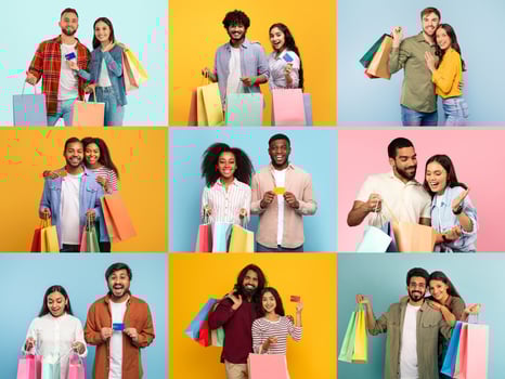 Diverse groups of people enjoy shopping during Black Friday promotions, showcasing colorful shopping bags and expressions of excitement. The celebration of sales and discounts brings joy. photo