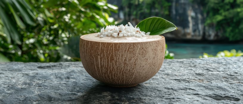 Creamy coconut smoothie bowl with shredded coconut topping in a coconut shell bowl photo