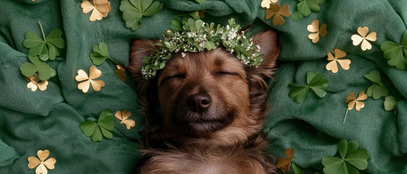 Adorable puppy sleeping on green shamrock fabric photo