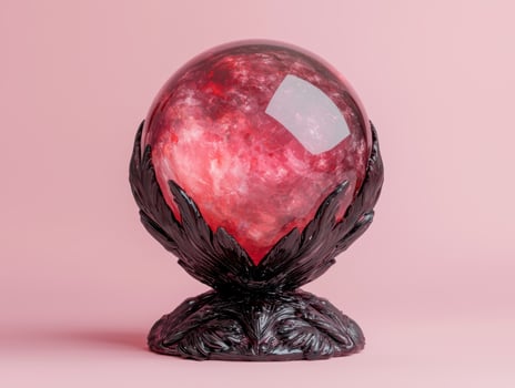 Red crystal ball on black stand against pink background photo