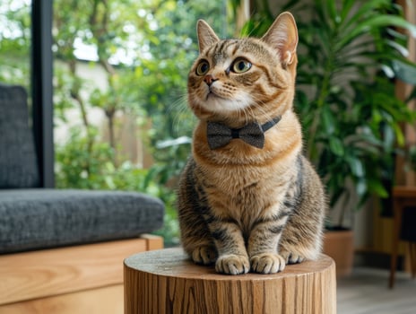 Brown tabby cat wearing a black bow tie sits on a wooden stump photo