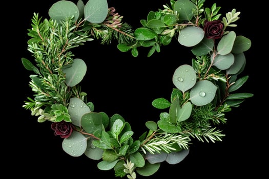 Heart shaped wreath of eucalyptus and rosemary with water drops photo