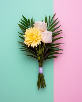 Pastel flowers bouquet on a pink and green background photo