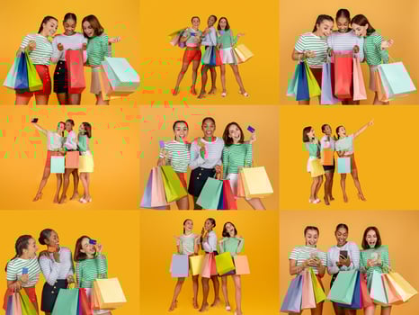 A vibrant collage featuring a group of friends happily shopping together. They display shopping bags filled with items, celebrating a day of discounts and offers. photo