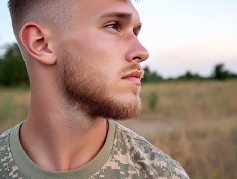 Profile of a young man in military uniform looking to the side photo