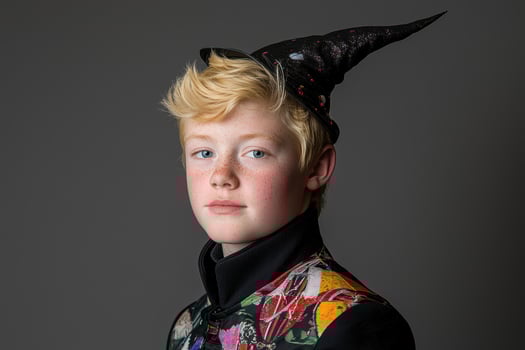 Portrait of a freckled boy wearing a witchs hat photo