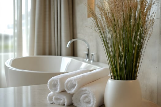Luxurious Spa Retreat - Minimalist Bathroom with Soaking Tub and Fresh Towels photo