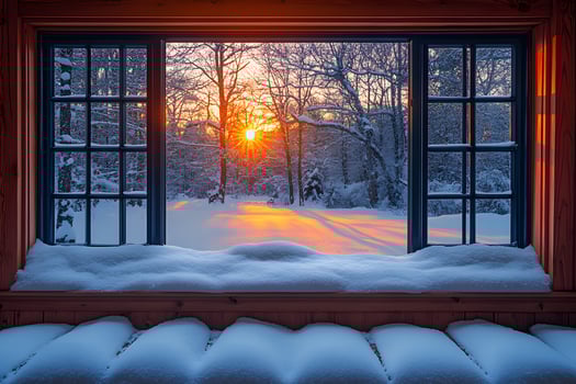 Winter Sunrise Through Snowy Window Tranquil Morning Landscape photo