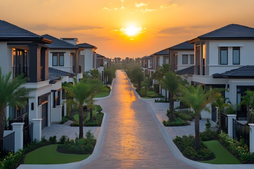 Luxurious Suburban Sunset Scene with Modern Architecture and Palm Trees for Real Estate Promotion photo