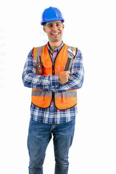 vertical Smiling construction worker holding a wrench wearing orange vest and safety helmet photo
