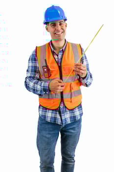 vertical Smiling construction worker holding a measuring tape wearing orange vest and safety helmet photo