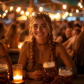 World Beer day celebration post with girl holding beer mug photo