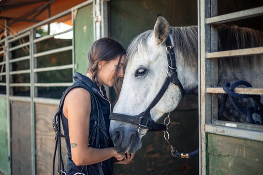 Young female rider and her horse share a loving moment in the stable before riding photo