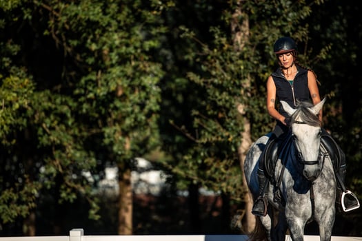 copyspace Young woman rider training with her horse at the ranch with green trees in the background photo