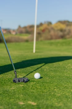 vertical close-up of a putter about to hit the golf ball towards the hole on the green photo