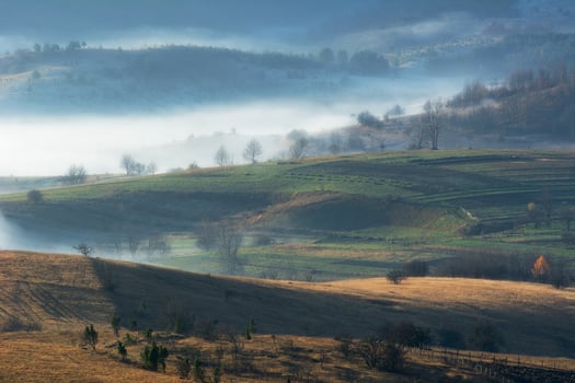 Misty morning in rolling hills Sunlight illuminates the landscape photo