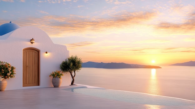 stunning Santorini sunset over sea, featuring white building, pool, and olive tree photo