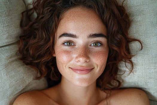 Close up portrait of a young woman with freckles and curly hair photo