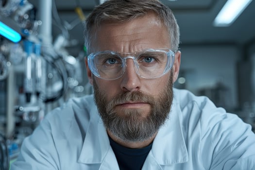 Serious scientist in lab coat and safety glasses looks directly at the camera photo