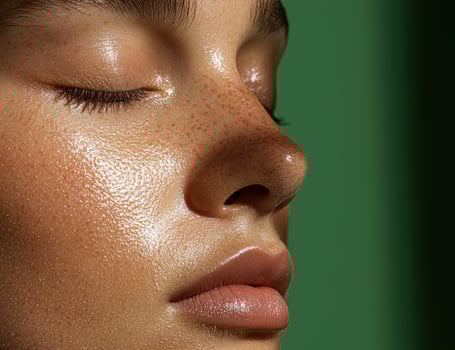 Close up of a womans face with freckles and glowing skin photo