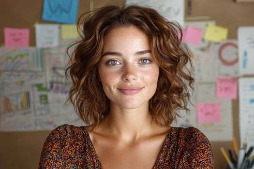 Portrait of a young woman with freckles and curly hair smiling at the camera photo