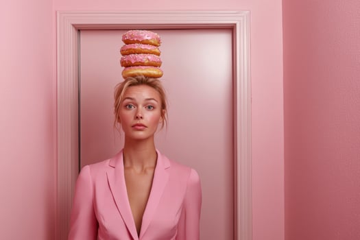 Woman with donuts on her head in pink room photo