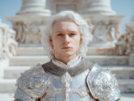 Portrait of a young man in shining silver armor against a white stone background photo