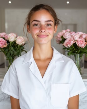 Portrait of a young woman in a white shirt, smiling gently photo