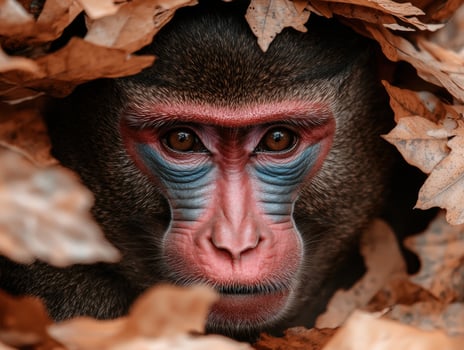 Close up portrait of a mandrill monkey peeking from behind autumn leaves photo