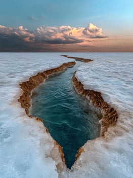 Stunning aerial view of a turquoise blue river cutting through a frozen salt flat under a dramatic sunset sky photo