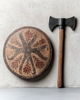 Ancient wooden shield and battle axe on a neutral background photo
