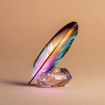 Bright iridescent feather on a crystal, artistic still life photo