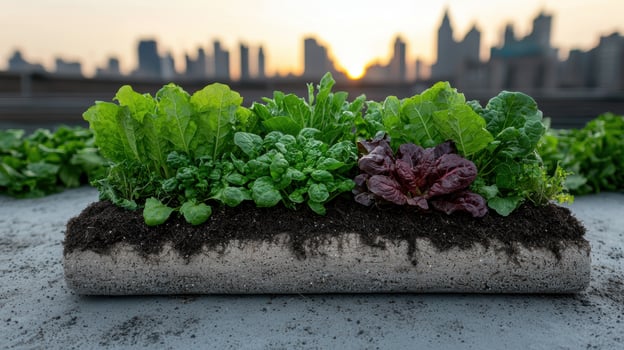 Urban rooftop garden with various leafy greens in concrete planter photo
