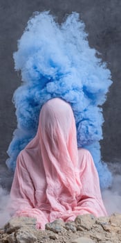 Mysterious figure shrouded in pink fabric with blue smoke in the background photo
