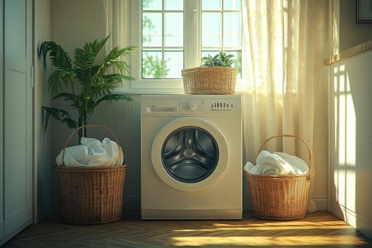 Washing machine stands ready between laundry baskets in cozy sunlit laundry room photo