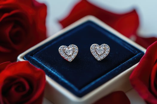 Heart-shaped diamond earrings in a box surrounded by red roses photo