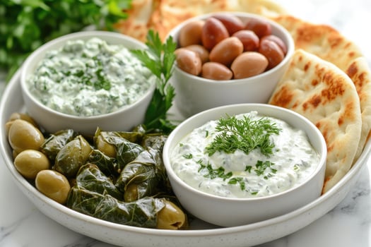 Spinach and feta dip sharing platter with pita bread and olives photo
