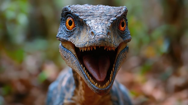 Velociraptor dinosaur roaring showing teeth and tongue in jungle photo